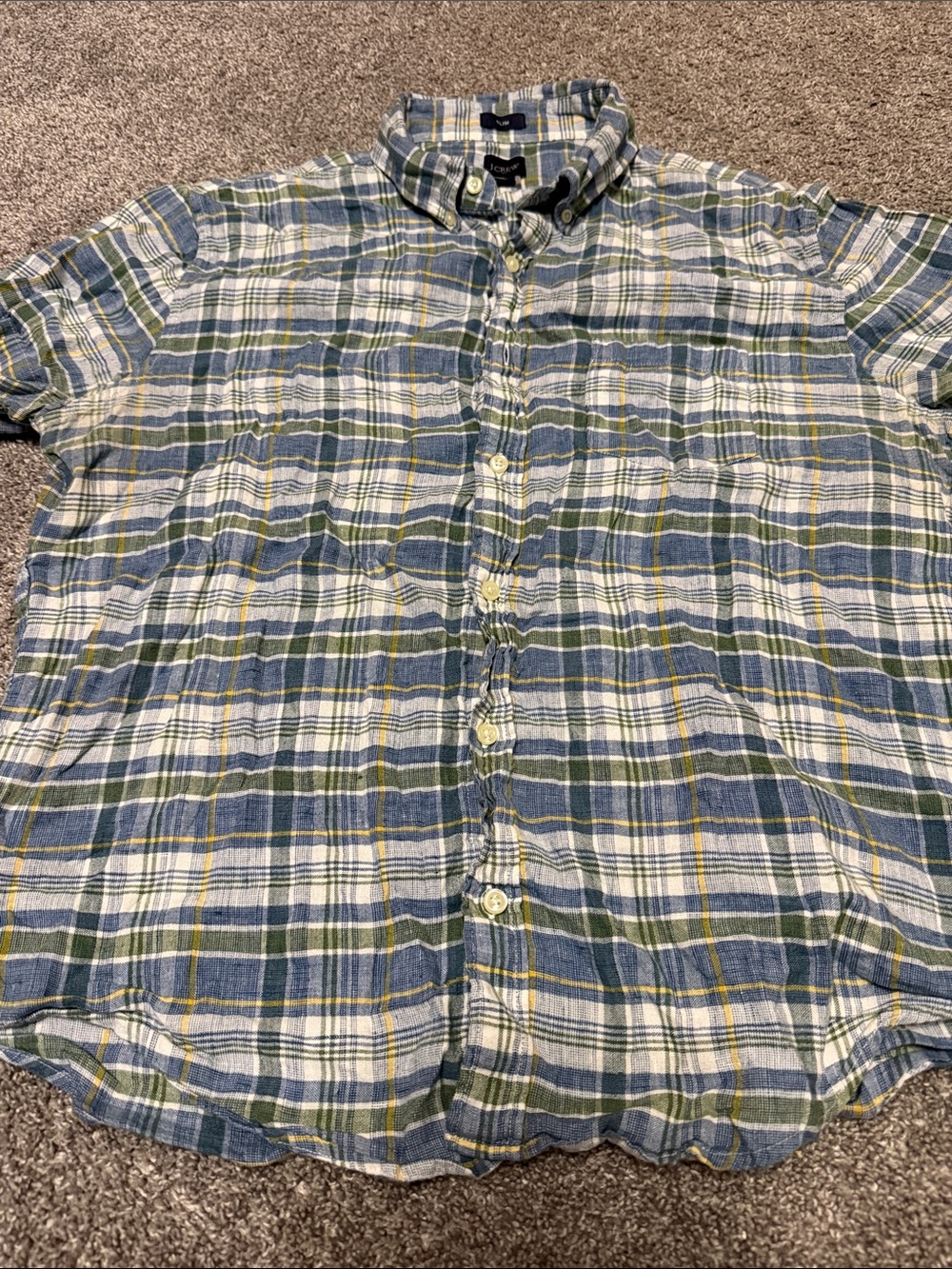 J. Crew Short-Sleeve Plaid Button-Down Shirt in Blue, Green & Yellow